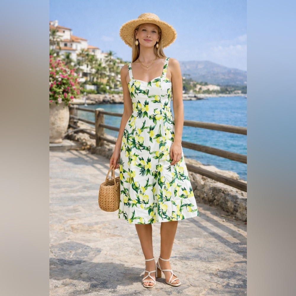 AVEC LES FILLES Lemon Printed Corset Bodice Midi Dress - Picture 1 of 5